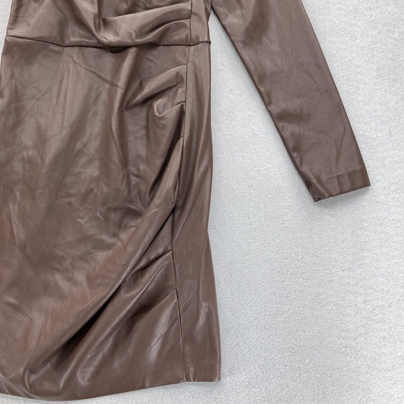 Express Brown Faux Leather One Shoulder Bodycon Dress XS Long Sleeve Party NWT - Picture 3 of 14